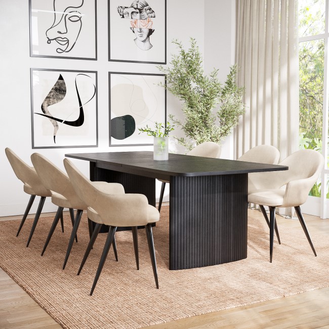 Black Oak Extendable Dining Table Set with 6 Beige Fabric Chairs - Seats 6 - Jarel