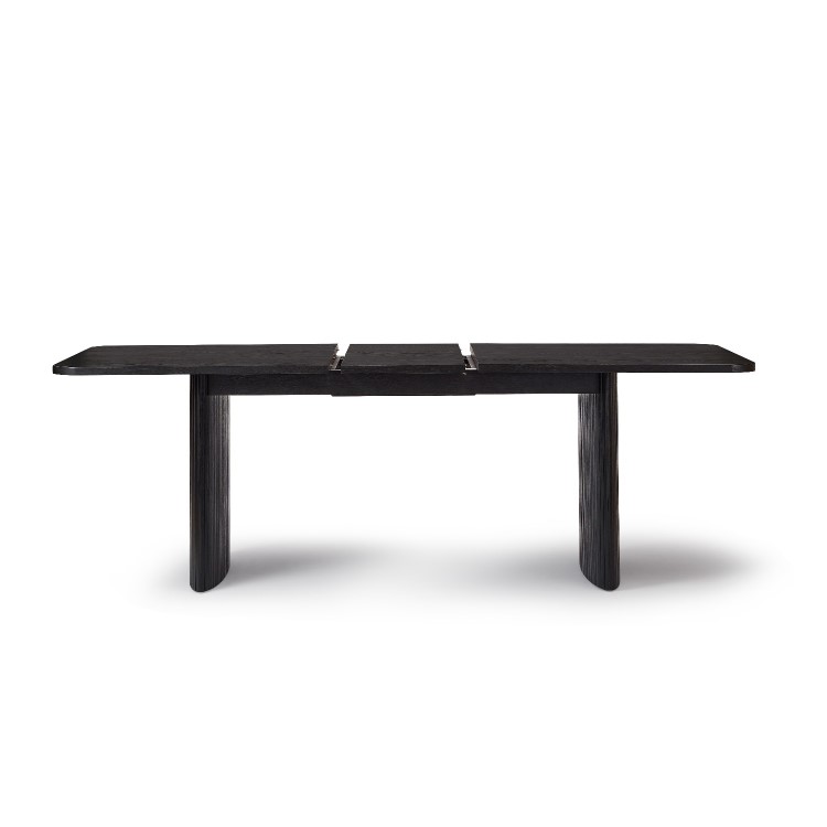 Large Rectangular Black Oak Extendable Dining Table Set with 6 Beige Upholstered Chairs - Seats 6 - Jarel