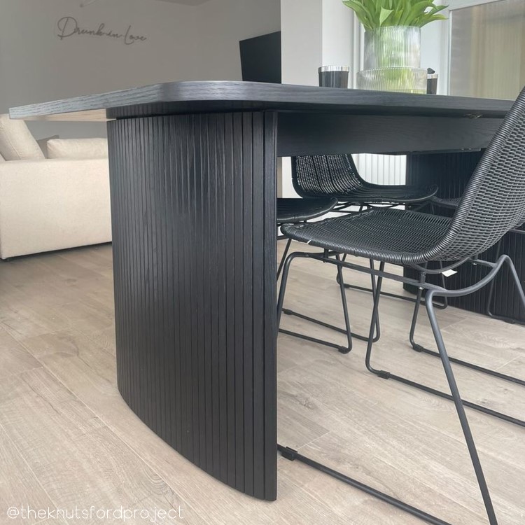 Large Rectangular Black Oak Extendable Dining Table Set with 6 Beige Upholstered Chairs - Seats 6 - Jarel