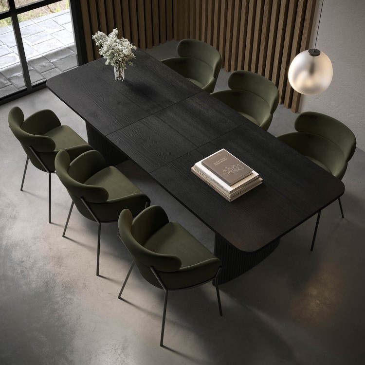Large Black Oak Extendable Dining Table Set with 6 Khaki Green Velvet Dining Chairs - Jarel