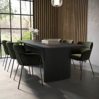 Large Black Oak Extendable Dining Table Set with 6 Khaki Green Velvet Dining Chairs - Jarel