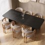Large Rectangular Black Oak Extendable Dining Table Set with 6 Neutral Upholstered Chairs - Seats 6 - Jarel