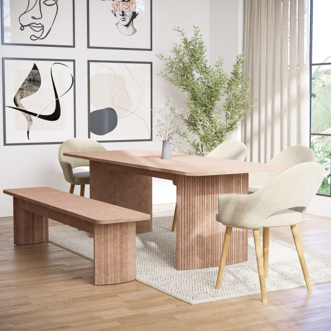 Oak Extendable Dining Table Set with 4 Beige Fabric Chairs & 1 Oak Bench - Seats 6 - Jarel