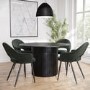 Round Black Oak Dining Table Set with 4 Green Fabric Chairs - Seats 4 - Jarel