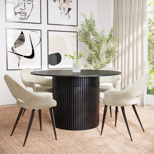 Round Black Oak Dining Table Set with 4 Beige Fabric Chairs - Seats 4 - Jarel