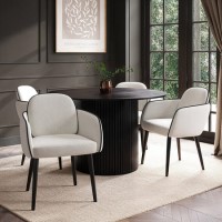 Round Black Oak Dining Table Set with 4 Cream Upholstered Chairs - Seats 4 - Jarel Round Black Oak Dining Table Set with 4 Cream Upholstered Chairs - Seats 4 - Jarel