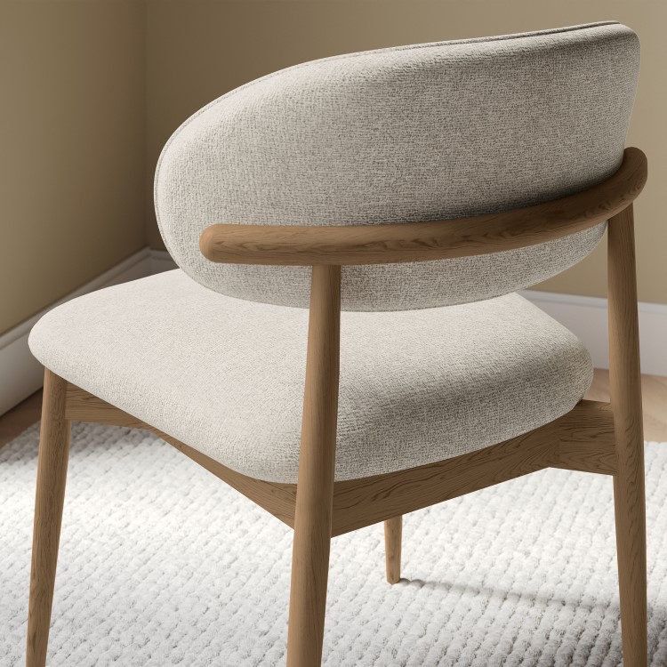 Beige Upholstered Curved Dining Chair with Solid Rustic Wood Open Back - Kori