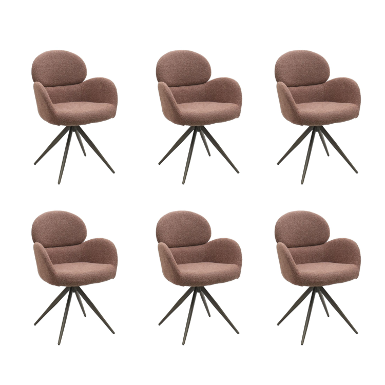 Set of 6 Brown Boucle Swivel Dining Chairs - Joelle