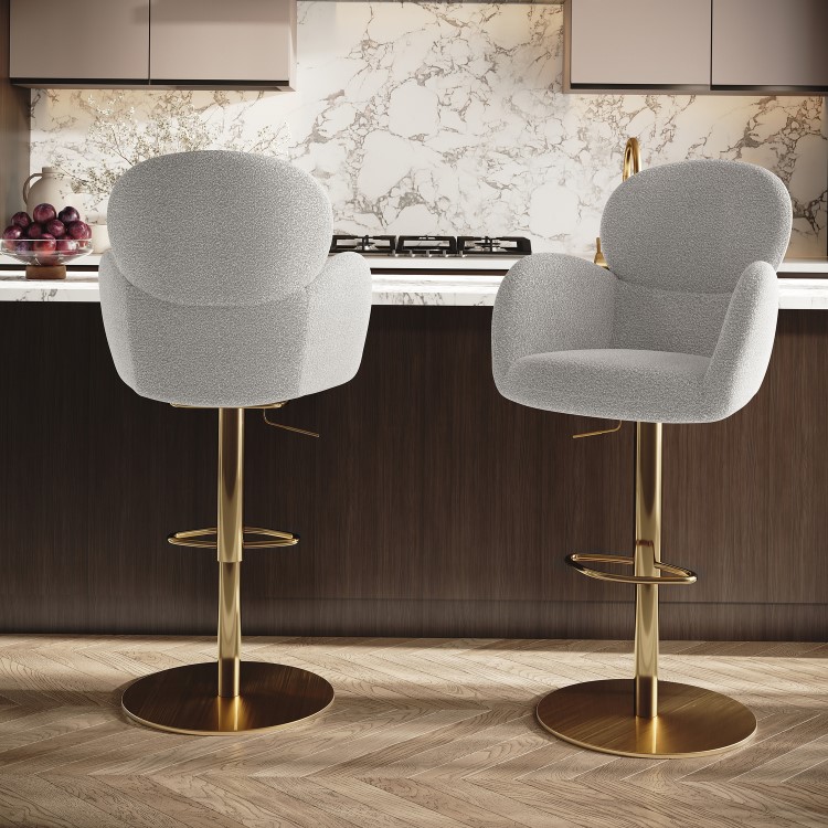 Set of 2 Beige Boucle Adjustable Swivel Bar Stools with Back - Joelle