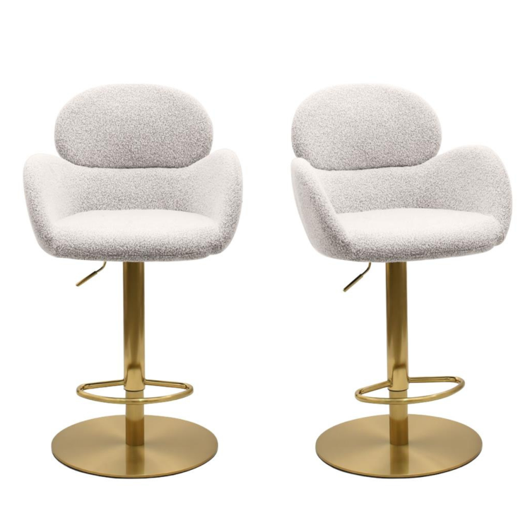 Set of 2 Beige Boucle Adjustable Swivel Bar Stools with Back - Joelle
