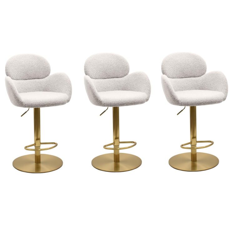 Set of 3 Beige Boucle Adjustable Swivel Bar Stools with Back - Joelle
