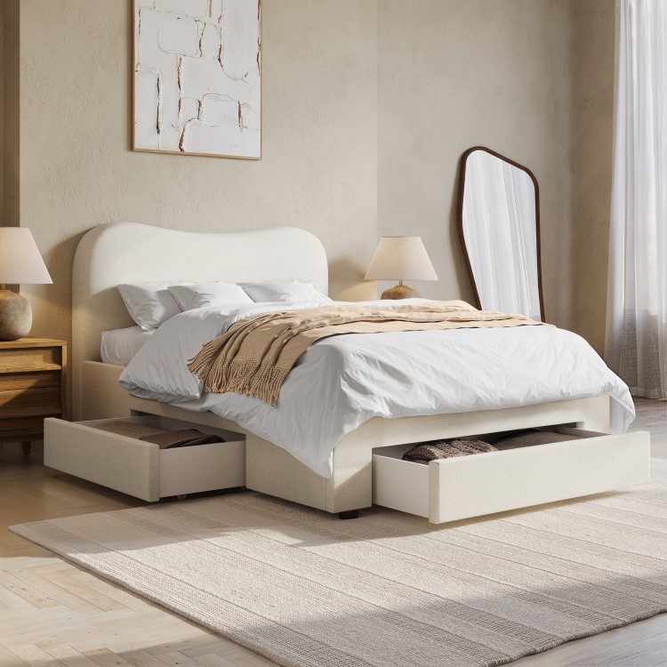 Cream Upholstered Double Bed Frame with Storage Drawers – Joanie
