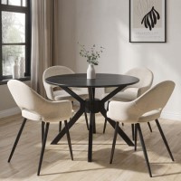 Small Round Black Dining Table Set with 4 Beige Upholstered Chairs - Seats 4 - Karie Small Round Black Dining Table Set with 4 Beige Upholstered Chairs - Seats 4 - Karie
