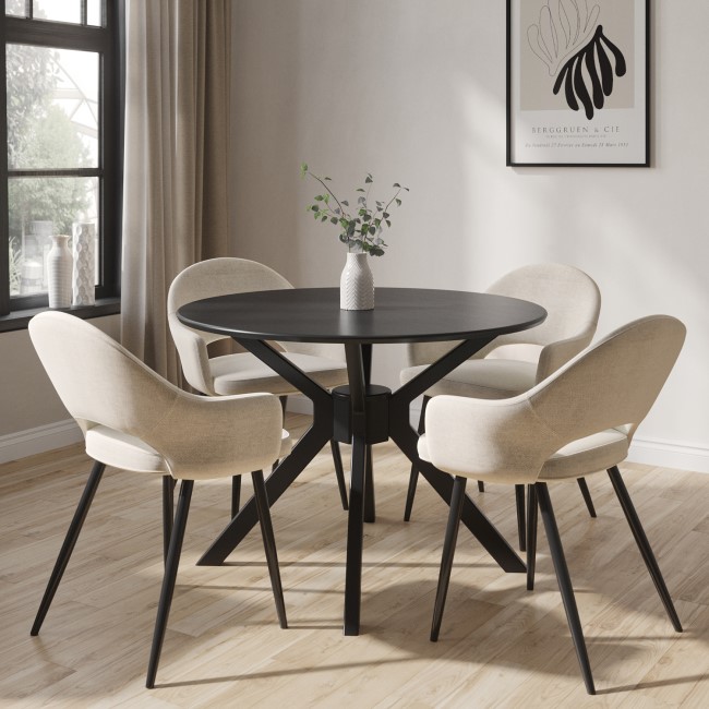 Round Black Dining Table with 4 Beige Fabric Dining Chairs - Karie