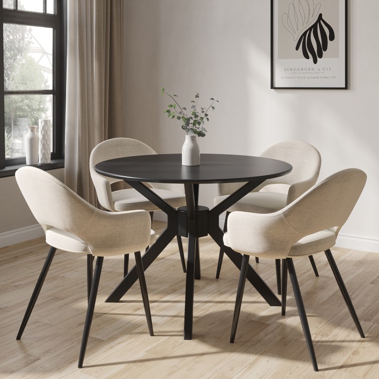 Small Round Black Dining Table Set with 4 Beige Upholstered Chairs - Seats 4 - Karie