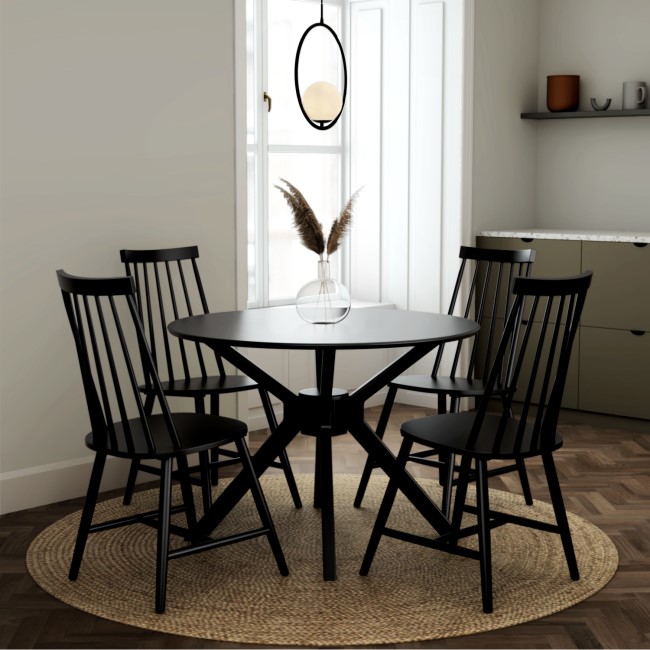 4 Seater Round Black Dining Set with 4 Black Spindle Dining Chairs - Karie