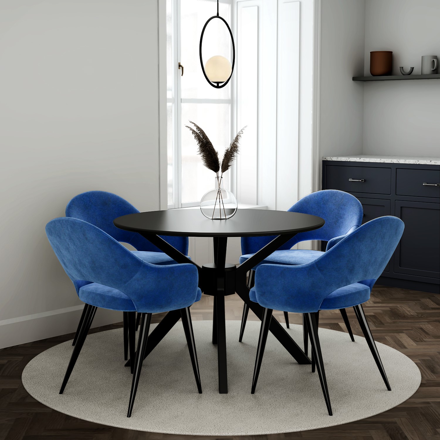 Black Round Dining Table with 4 Blue Fabric Dining Chairs Karie