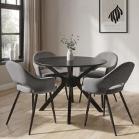 Round Black Dining Table Set with 4 Grey Upholstered Chairs - Seats 4 - Karie Round Black Dining Table Set with 4 Grey Upholstered Chairs - Seats 4 - Karie