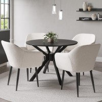 Round Black Dining Table Set with 4 Cream Boucle Chairs - Seats 4 - Karie