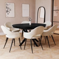 Large Round to Oval Black Extendable Dining Table Set with 6 Beige Upholstered Chairs - Seats 6 - Karie Large Round to Oval Black Extendable Dining Table Set with 6 Beige Upholstered Chairs - Seats 6 - Karie