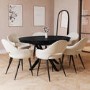 Large Round to Oval Black Extendable Dining Table Set with 6 Beige Upholstered Chairs - Seats 6 - Karie