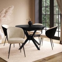Round Black Extendable Dining Table Set with Beige Upholstered Chairs - Seats 4 - Karie