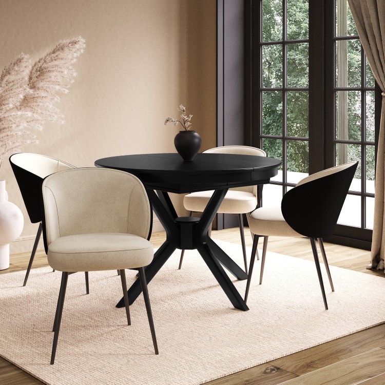 Round Black Extendable Dining Table Set with Beige Upholstered Chairs - Seats 4 - Karie