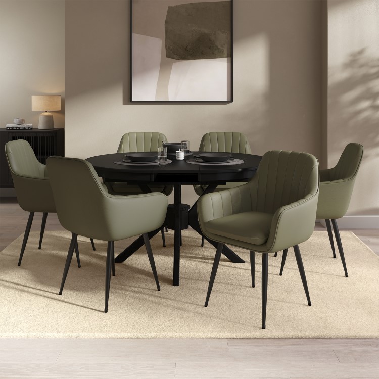 Round to Oval Black Extendable Dining Table Set with 6 Sage Green Faux Leather Chairs - Seats 6 - Karie