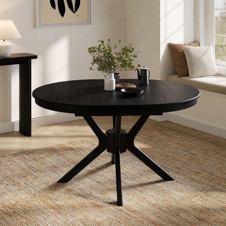 Large Black Wooden Extendable Round to Oval Dining Table - Seats 4 - 6 - Karie