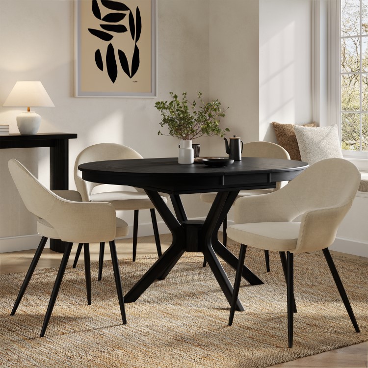Large Black Wooden Extendable Round to Oval Dining Table - Seats 4 - 6 - Karie