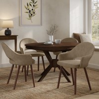 Round to Oval Walnut Extendable Dining Table Set with 4 Beige Faux Leather Chairs - Seats 4 - Karie