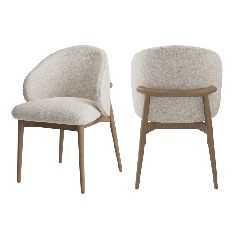 Set of 2 Beige Upholstered Curved Dining Chair with Solid Rustic Wood Exposed Back - Kori