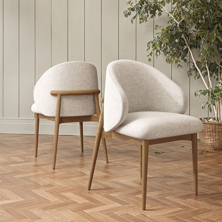 Set of 6 Beige Upholstered Curved Dining Chairs with Solid Rustic Exposed Back - Kori