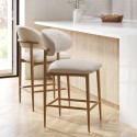 BUN/KOR002/92952 Set of 2 Beige Upholstered Curved Kitchen Stools With Solid Rustic Wood Exposed Back - Kori