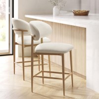 Set of 2 Cream Upholstered Curved Kitchen Stools with Limewash Solid Oak Exposed Back - Kori