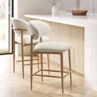 Set of 2 Cream Upholstered Curved Kitchen Stools with Limewash Solid Wood Exposed Back - Kori Set of 2 Cream Upholstered Curved Kitchen Stools with Limewash Solid Wood Exposed Back - Kori