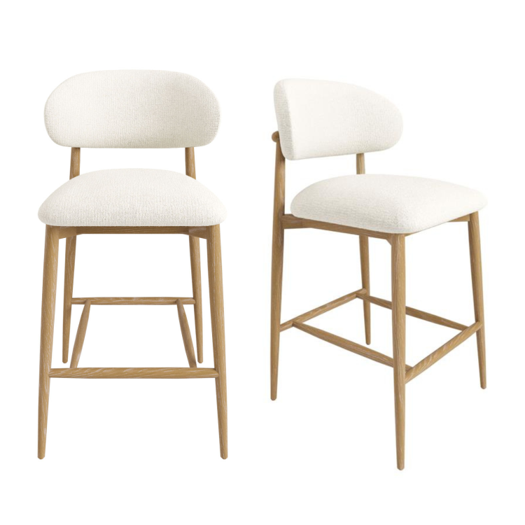 Set of 2 Cream Upholstered Curved Kitchen Stools with Limewash Solid Wood Exposed Back - Kori