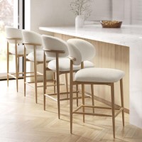 Set of 3 Cream Upholstered Curved Kitchen Stools with Limewash Solid Oak Exposed Back - Kori