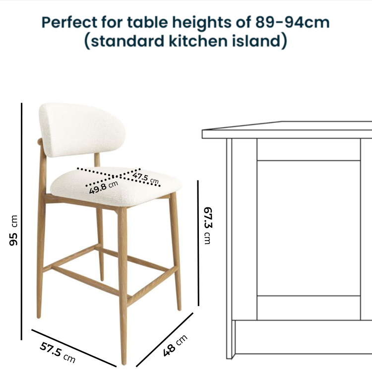 Set of 3 Cream Upholstered Curved Kitchen Stools with Limewash Solid Oak Exposed Back - Kori