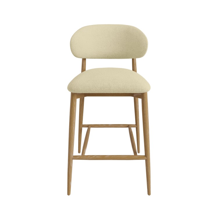 Set of 2 Cream Upholstered Curved Kitchen Stools with Limewash Solid Wood Exposed Back - Kori