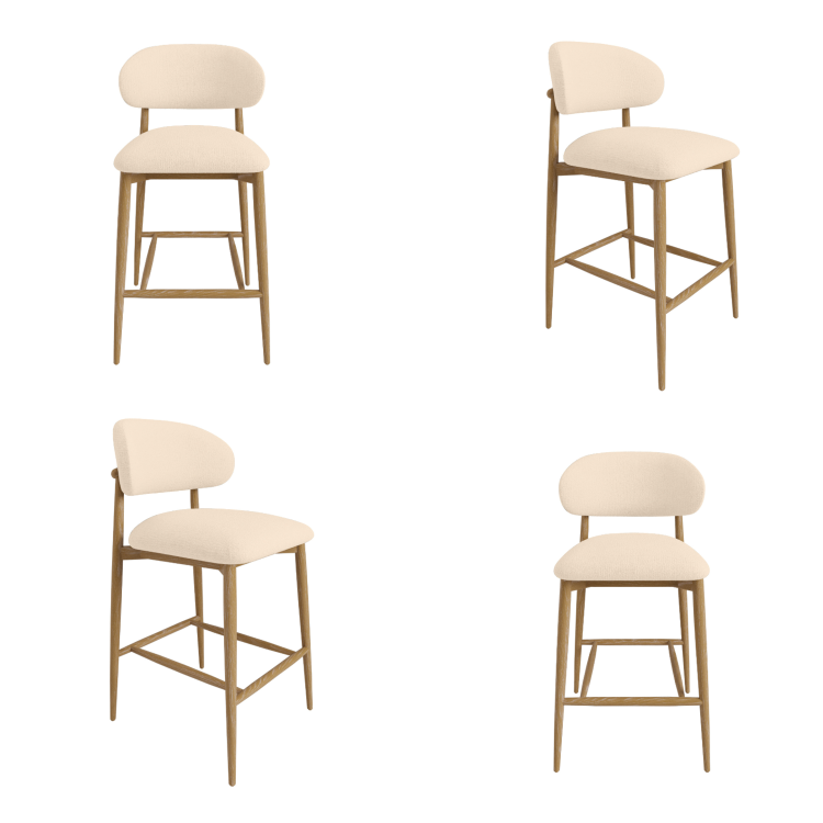 Set of 4 Cream Upholstered Curved Kitchen Stools with Limewash Solid Oak Exposed Back - Kori