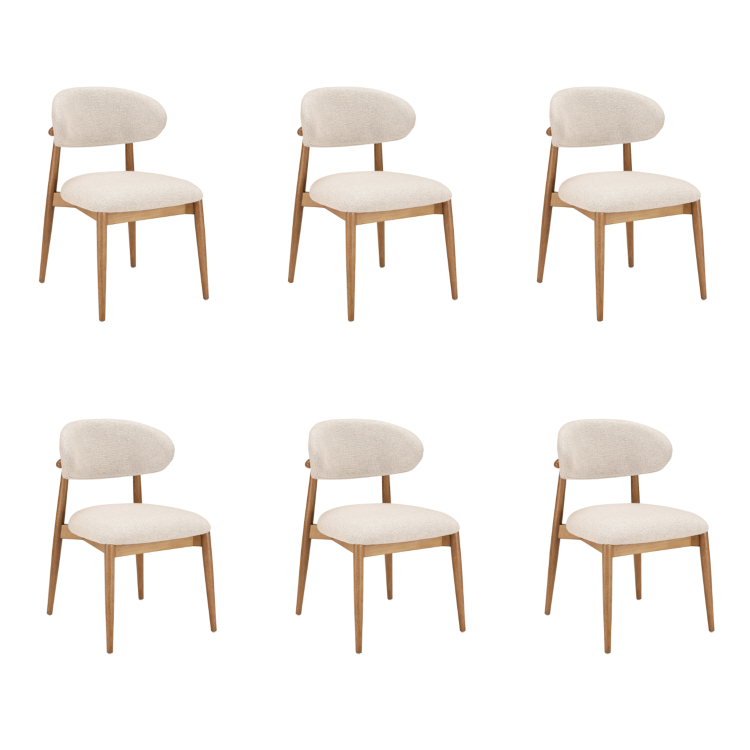 Set of 6 Beige Upholstered Curved Dining Chair With Solid Oak Exposed Back - Kori