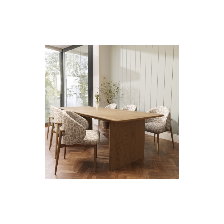 Set of 2 Beige Printed Upholstered Curved Dining Chairs with Oak Legs - Kori