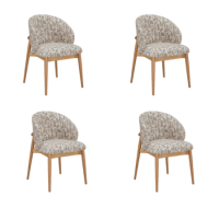 Set of 4 Beige Printed Upholstered Curved Dining Chairs With Solid Rustic Oak Exposed Back - Kori Set of 4 Beige Printed Upholstered Curved Dining Chairs With Solid Rustic Oak Exposed Back - Kori
