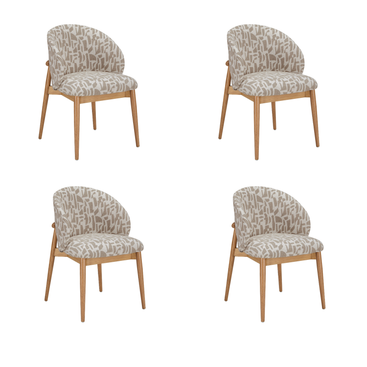 Set of 4 Beige Printed Upholstered Curved Dining Chairs With Solid Rustic Oak Exposed Back - Kori