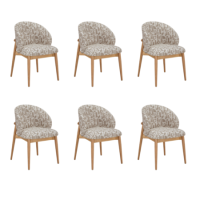 Set of 6 Beige Printed Upholstered Curved Dining Chairs With Solid Rustic Oak Exposed Back - Kori Set of 6 Beige Printed Upholstered Curved Dining Chairs With Solid Rustic Oak Exposed Back - Kori