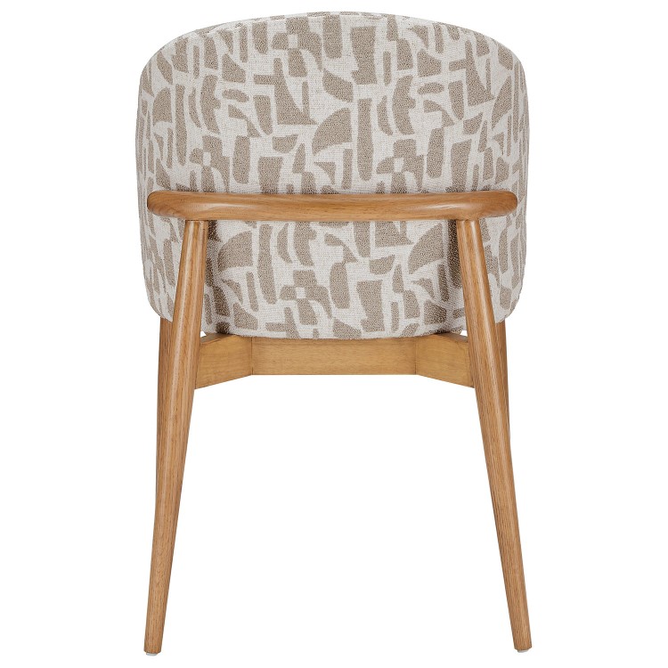 Beige Printed Upholstered Curved Dining Chair With Solid Rustic Oak Exposed Back - Kori