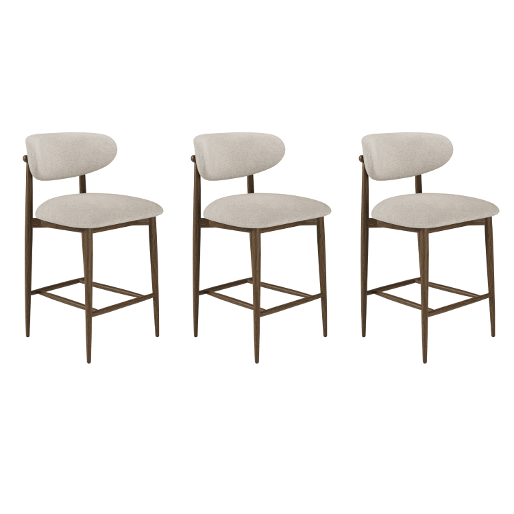 Set of 3 Walnut and Beige Upholstered Curved Kitchen Stools with Open Back - Kori