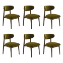 BUN/KOR012/99398 Set of 6 Walnut and Olive Green Velvet Curved Dining Chairs with Solid Wood Open Back - Kori