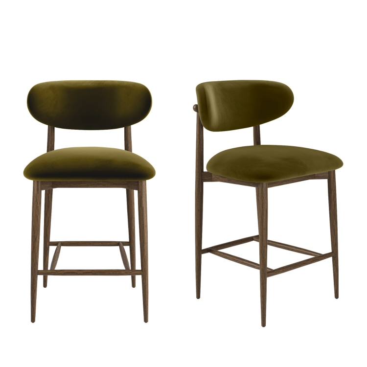 Set of 2 Walnut and Olive Green Upholstered Curved Kitchen Stools with Open Back - Kori